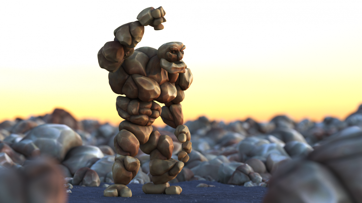 3D Cartoon Character Brown Stone Golem Happy Pose