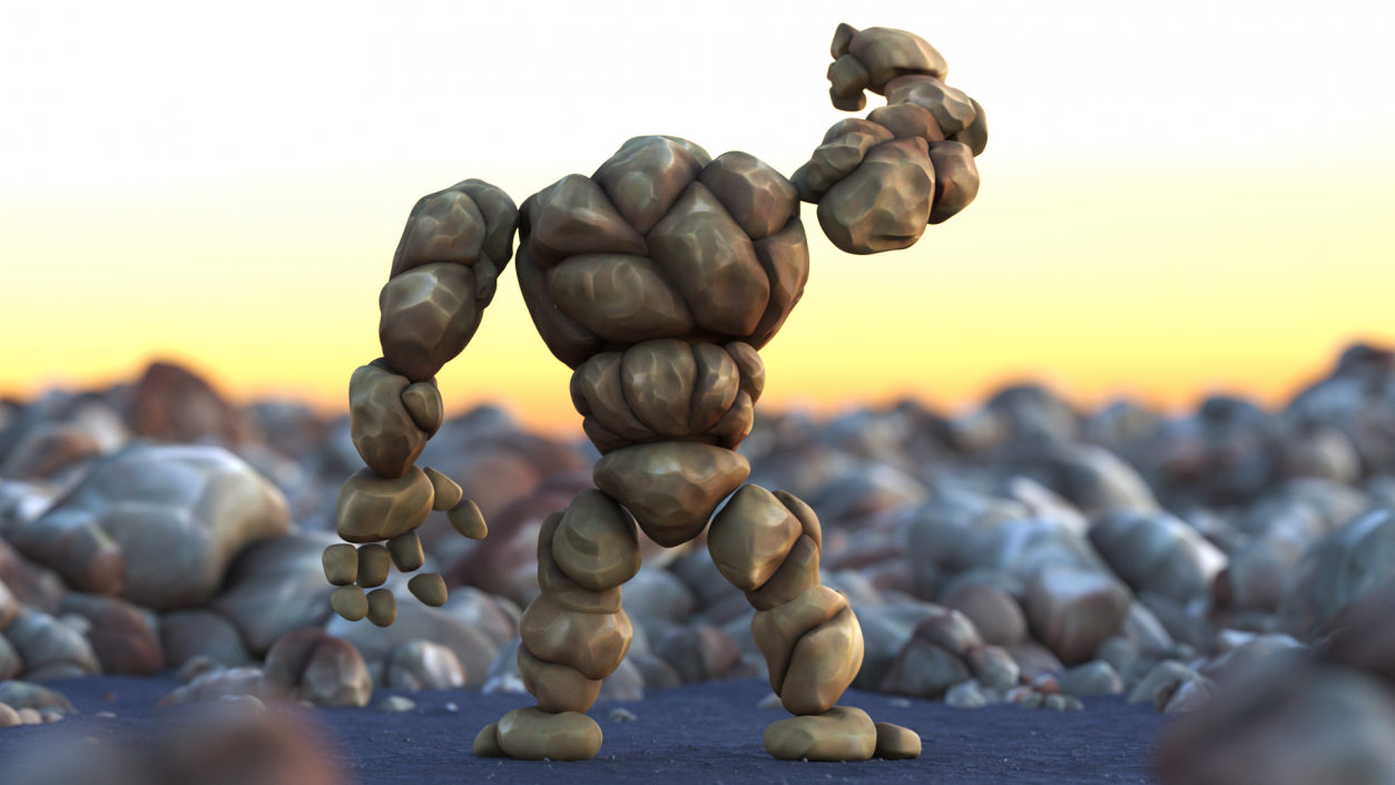 3D Cartoon Character Brown Stone Golem Happy Pose