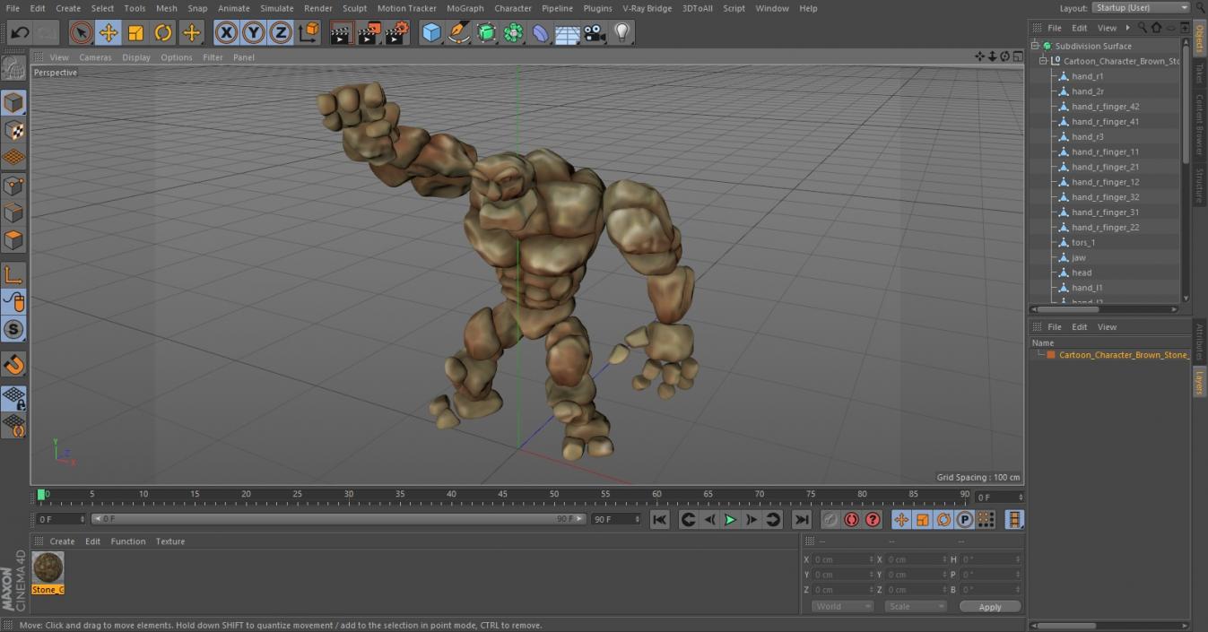 3D Cartoon Character Brown Stone Golem Happy Pose