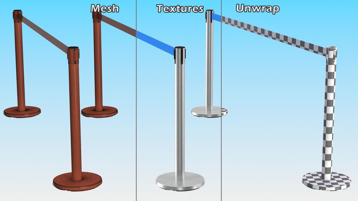 3D Blue Belt Barriers Stanchion model