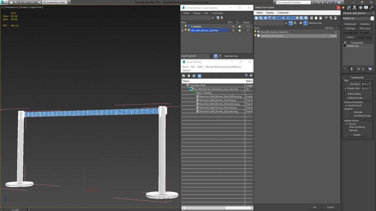 3D Blue Belt Barriers Stanchion model