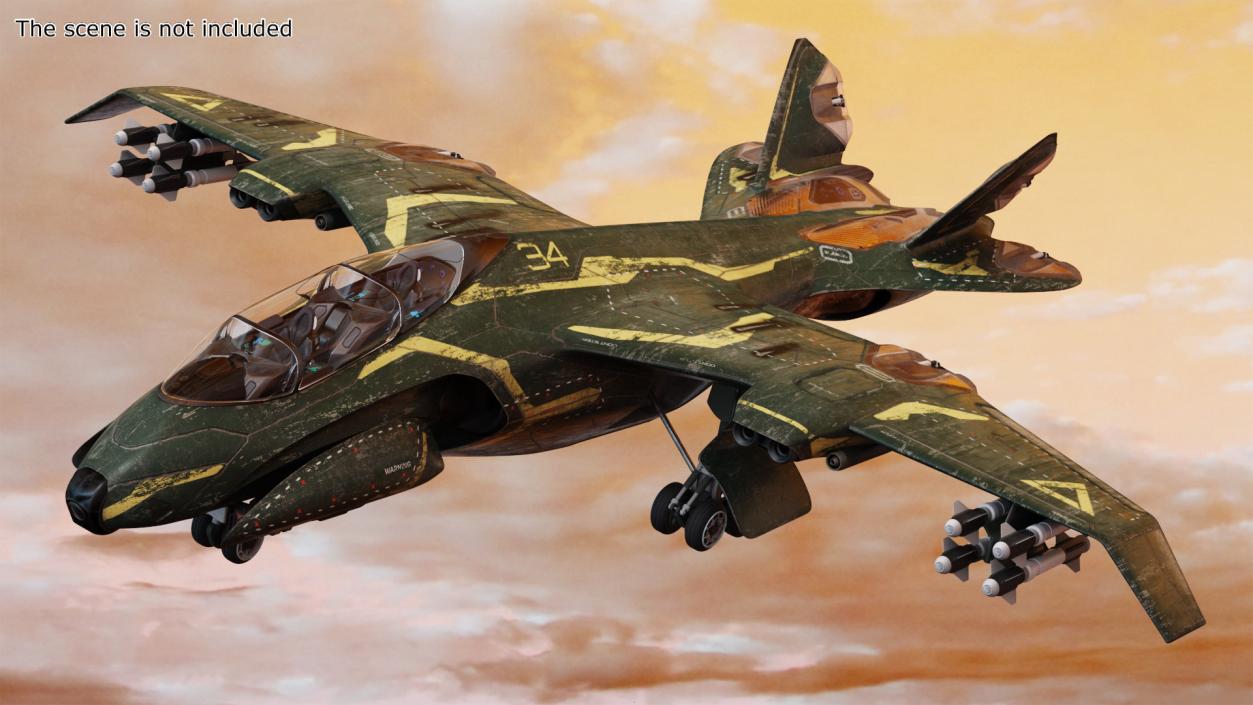 Futuristic Damaged Fighter Aircraft Rigged 3D