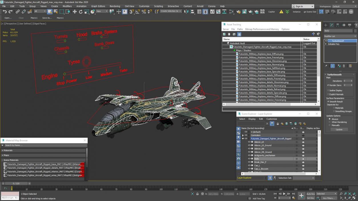 Futuristic Damaged Fighter Aircraft Rigged 3D