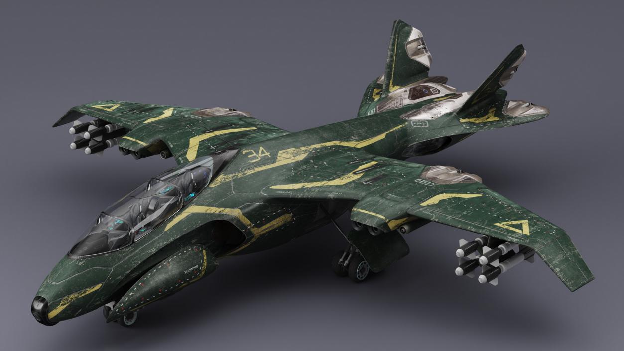 Futuristic Damaged Fighter Aircraft Rigged 3D