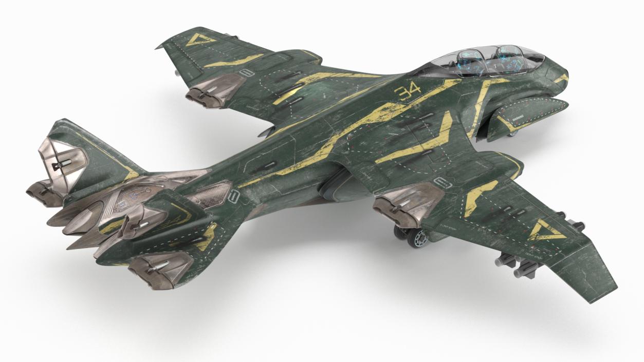 Futuristic Damaged Fighter Aircraft Rigged 3D