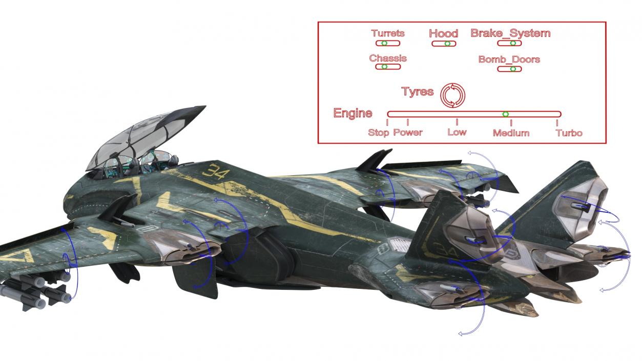 Futuristic Damaged Fighter Aircraft Rigged 3D