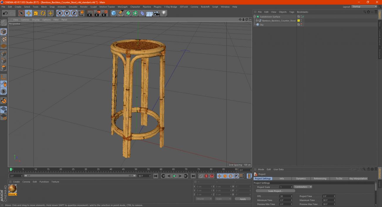 Bamboo Backless Counter Stool 3D model