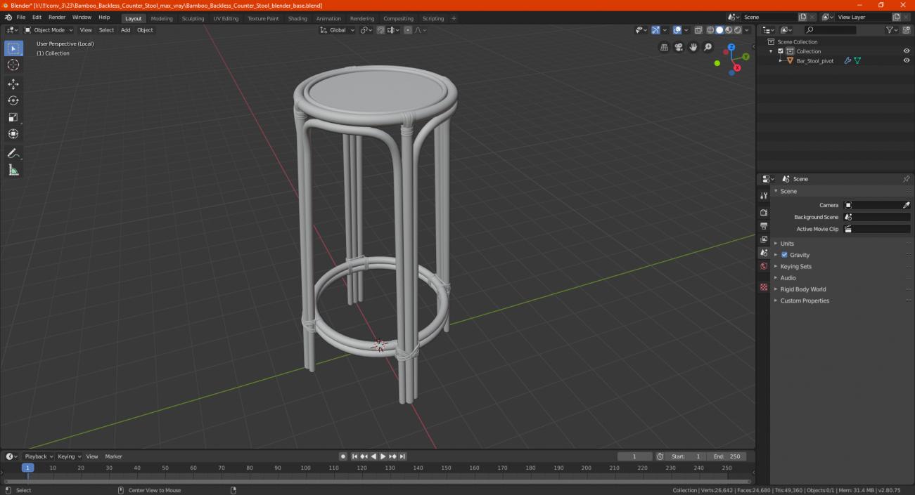 Bamboo Backless Counter Stool 3D model