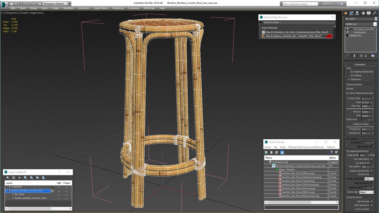 Bamboo Backless Counter Stool 3D model