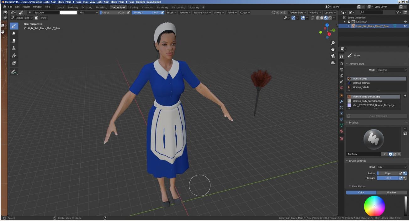 3D Light Skin Black Maid T Pose model