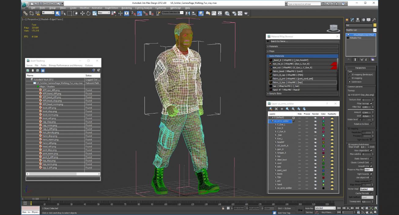 3D US Soldier Camouflage Walking Fur model