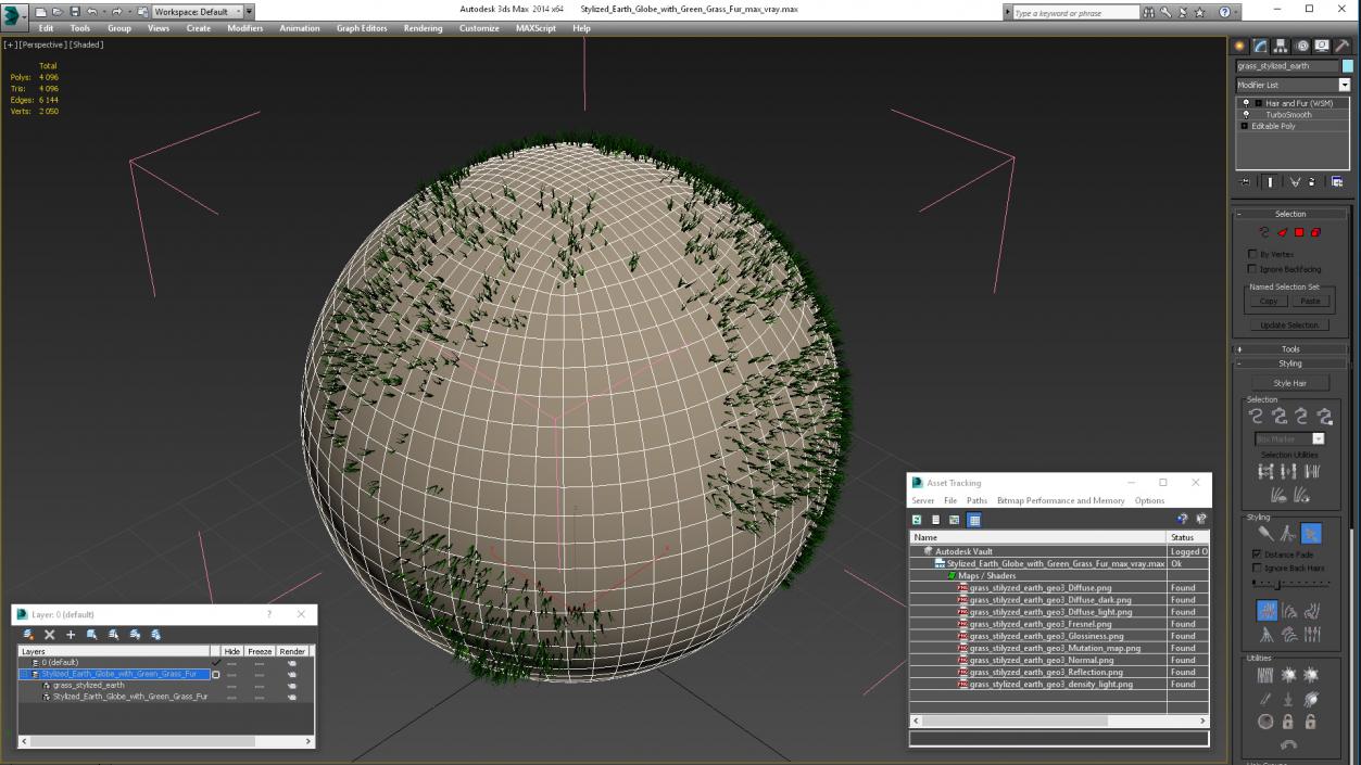 3D Stylized Earth Globe with Green Grass Fur