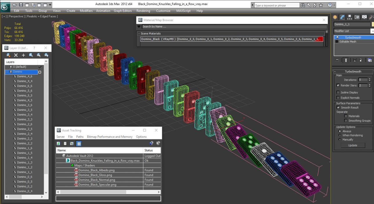 3D Black Domino Knuckles Falling in a Row model