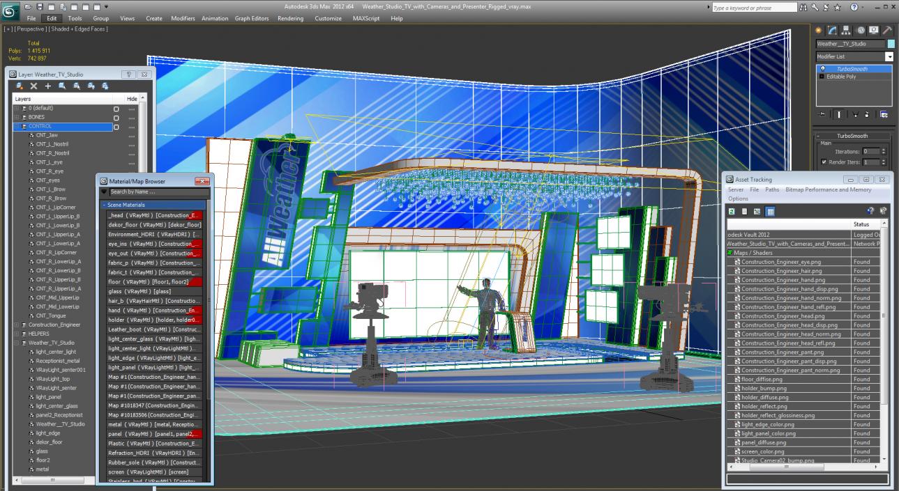 3D Weather Studio TV with Cameras and Presenter Rigged