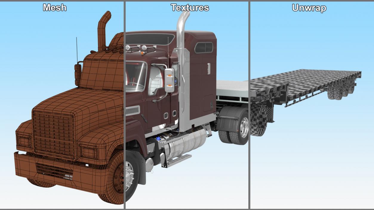 Freight Truck with Flatbed Semi Trailer 3D model