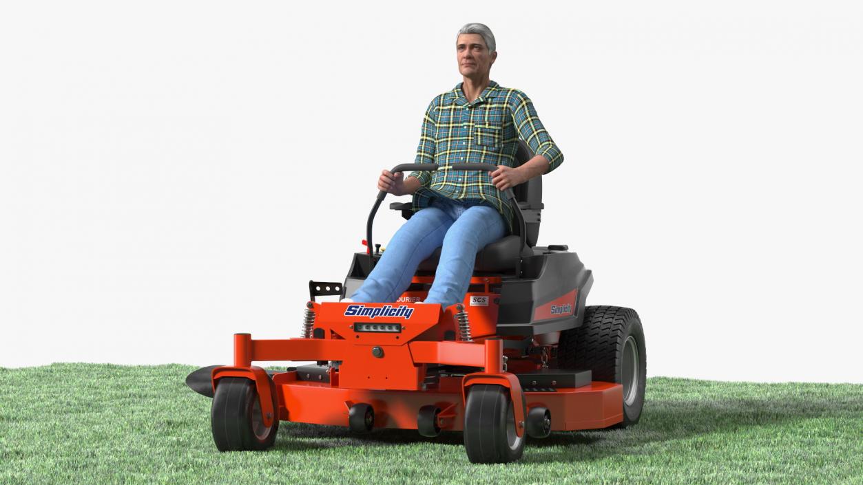 Elderly Man on Simplicity Lawn Mower Fur Rigged 3D