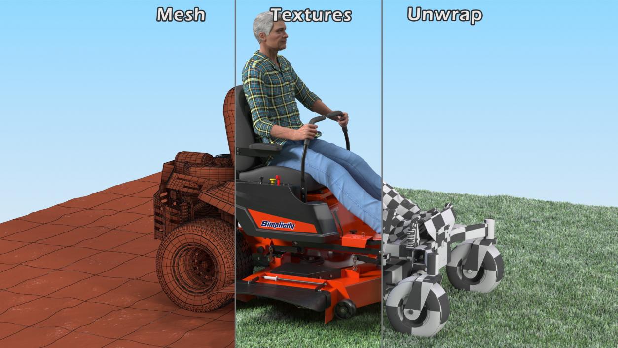 Elderly Man on Simplicity Lawn Mower Fur Rigged 3D