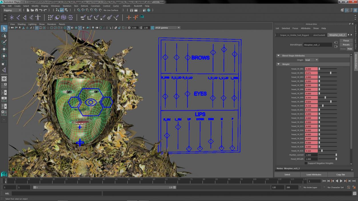 3D Sniper in Ghillie Suit Rigged for Maya model