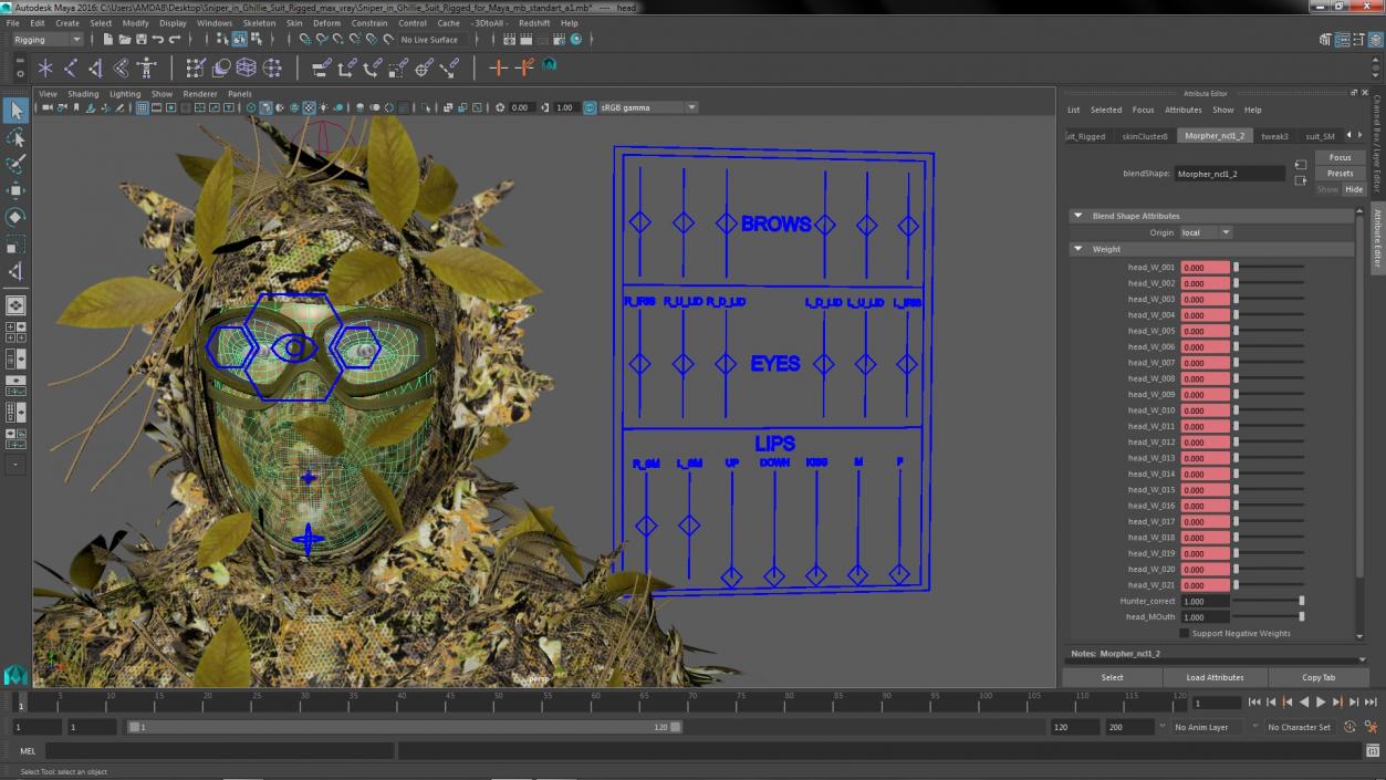 3D Sniper in Ghillie Suit Rigged for Maya model