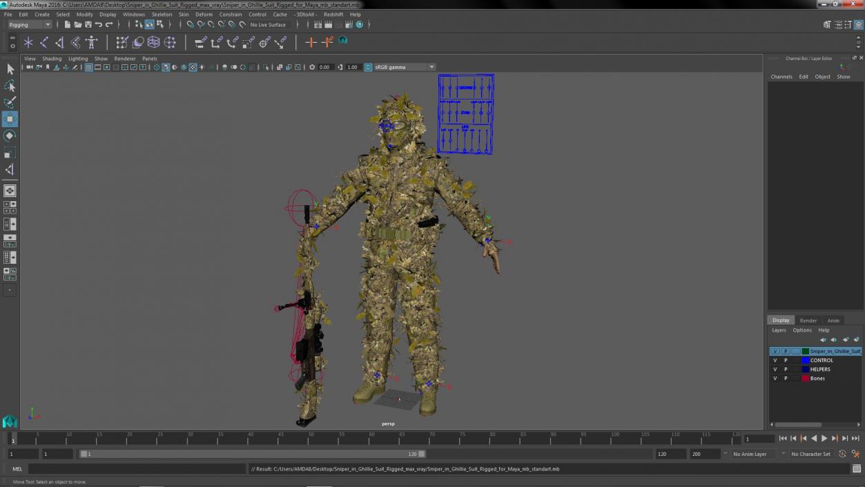 3D Sniper in Ghillie Suit Rigged for Maya model