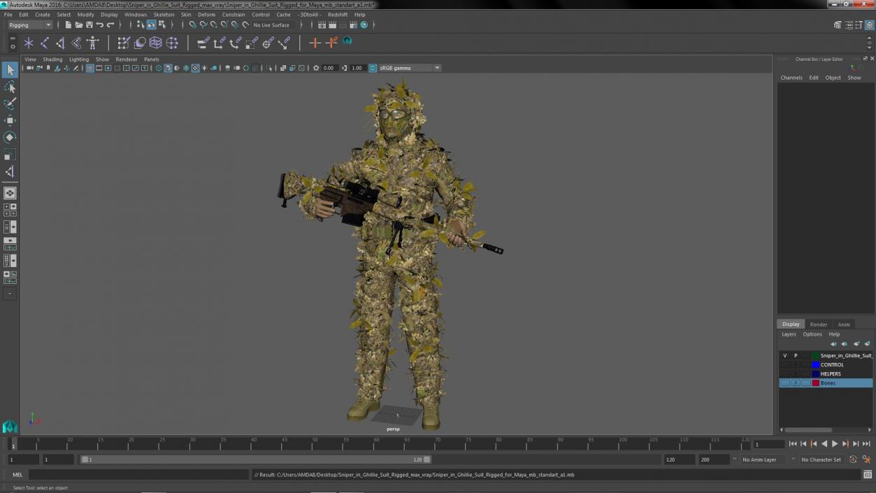 3D Sniper in Ghillie Suit Rigged for Maya model