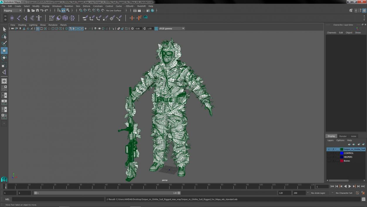 3D Sniper in Ghillie Suit Rigged for Maya model