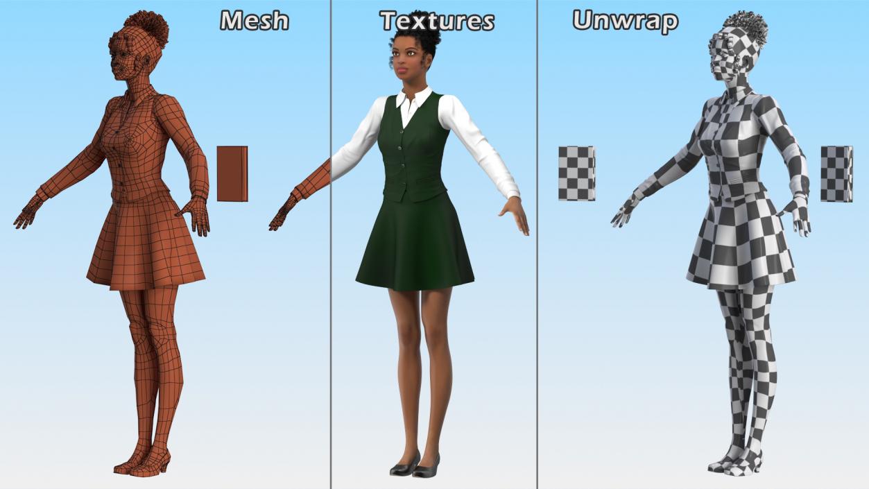 Light Skin Young Black Female Student T Pose 3D model