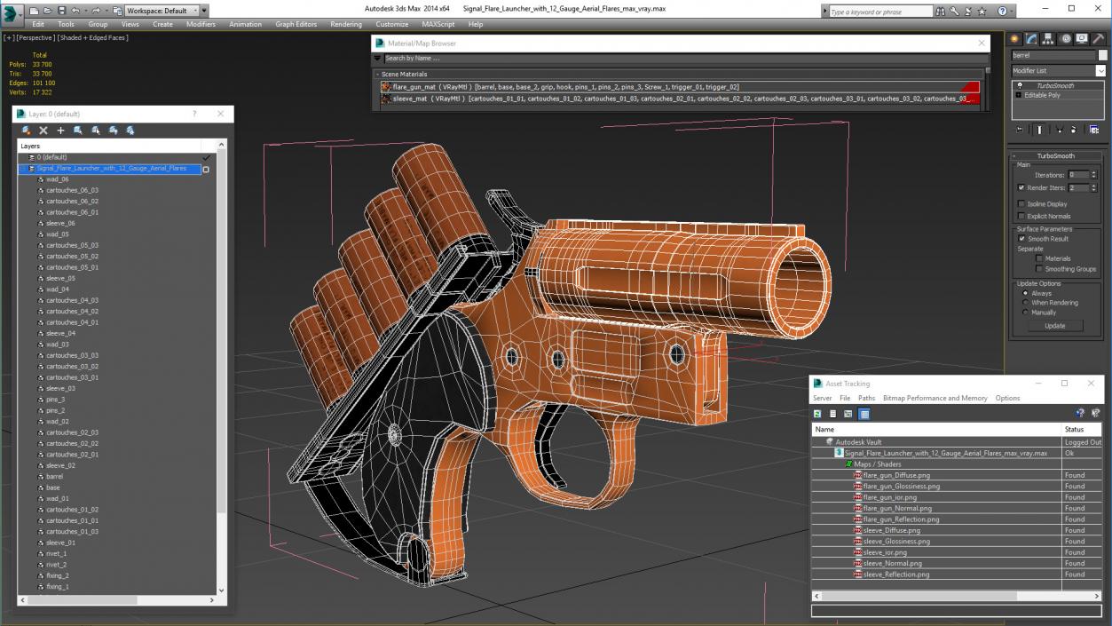 Signal Flare Launcher with 12 Gauge Aerial Flares 3D model