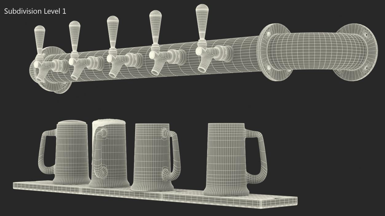 Rail Draft Brass Beer Tower with Beer Mugs 3D