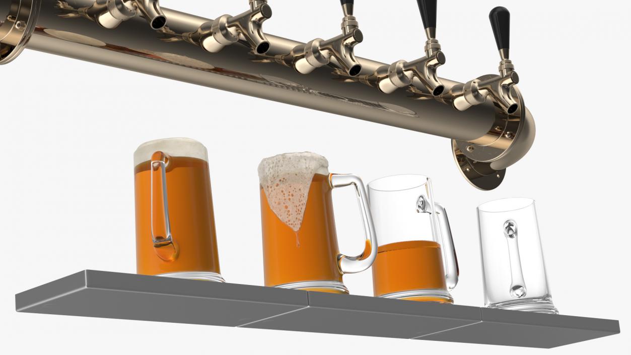 Rail Draft Brass Beer Tower with Beer Mugs 3D