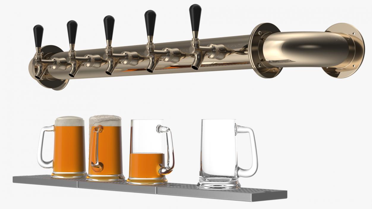 Rail Draft Brass Beer Tower with Beer Mugs 3D