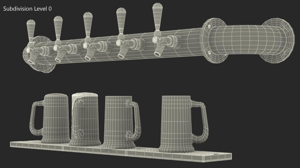 Rail Draft Brass Beer Tower with Beer Mugs 3D