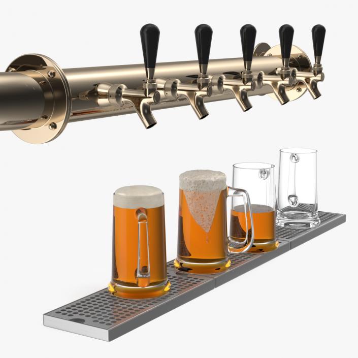 Rail Draft Brass Beer Tower with Beer Mugs 3D