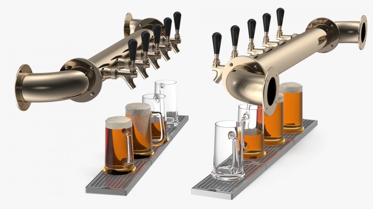 Rail Draft Brass Beer Tower with Beer Mugs 3D