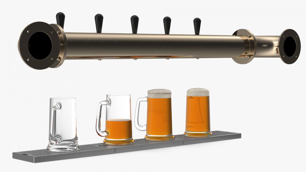 Rail Draft Brass Beer Tower with Beer Mugs 3D