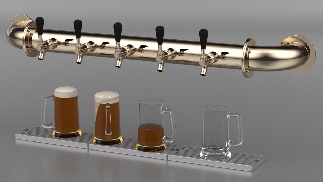 Rail Draft Brass Beer Tower with Beer Mugs 3D