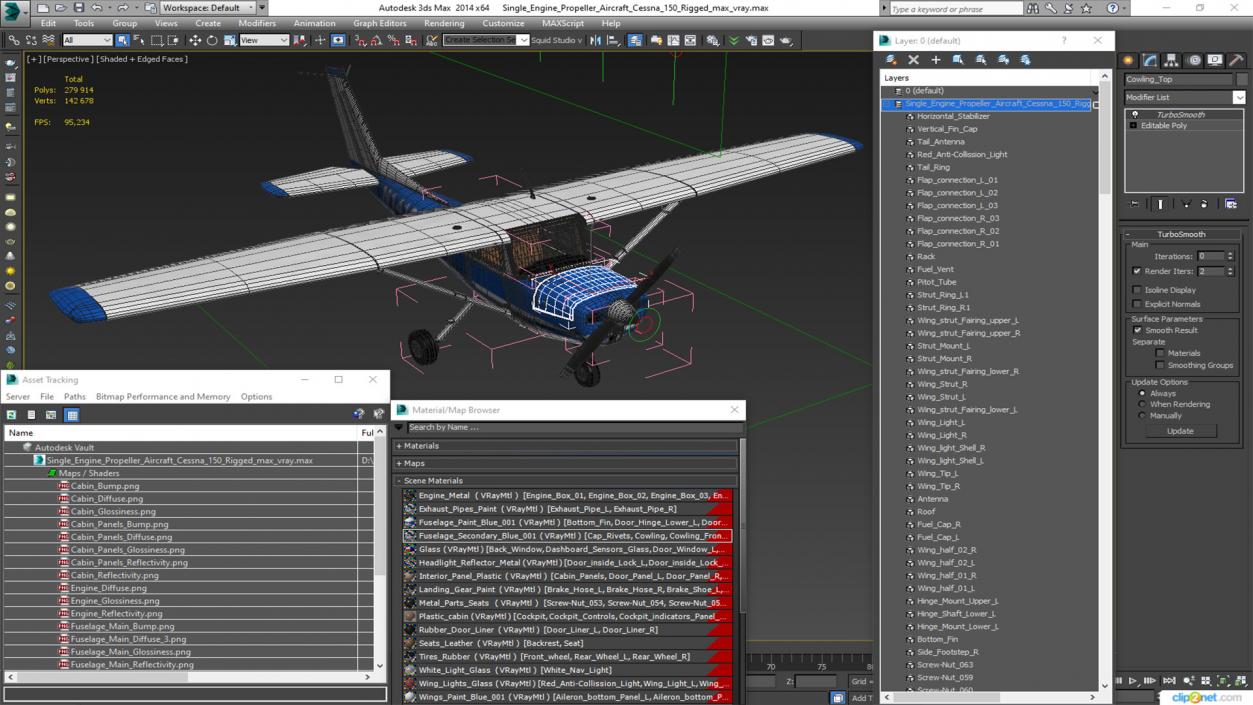 Single Engine Propeller Aircraft Cessna 150 Rigged for Cinema 4D 3D model