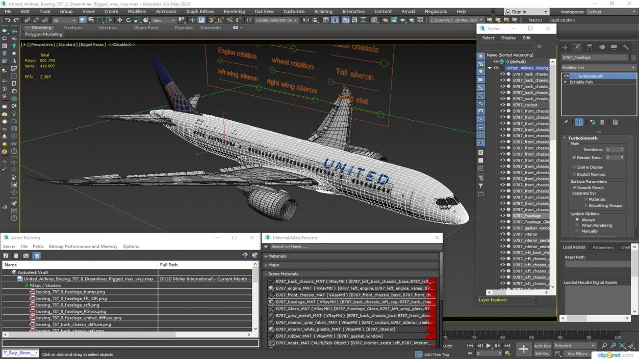 3D United Airlines Boeing 787-8 Dreamliner Rigged