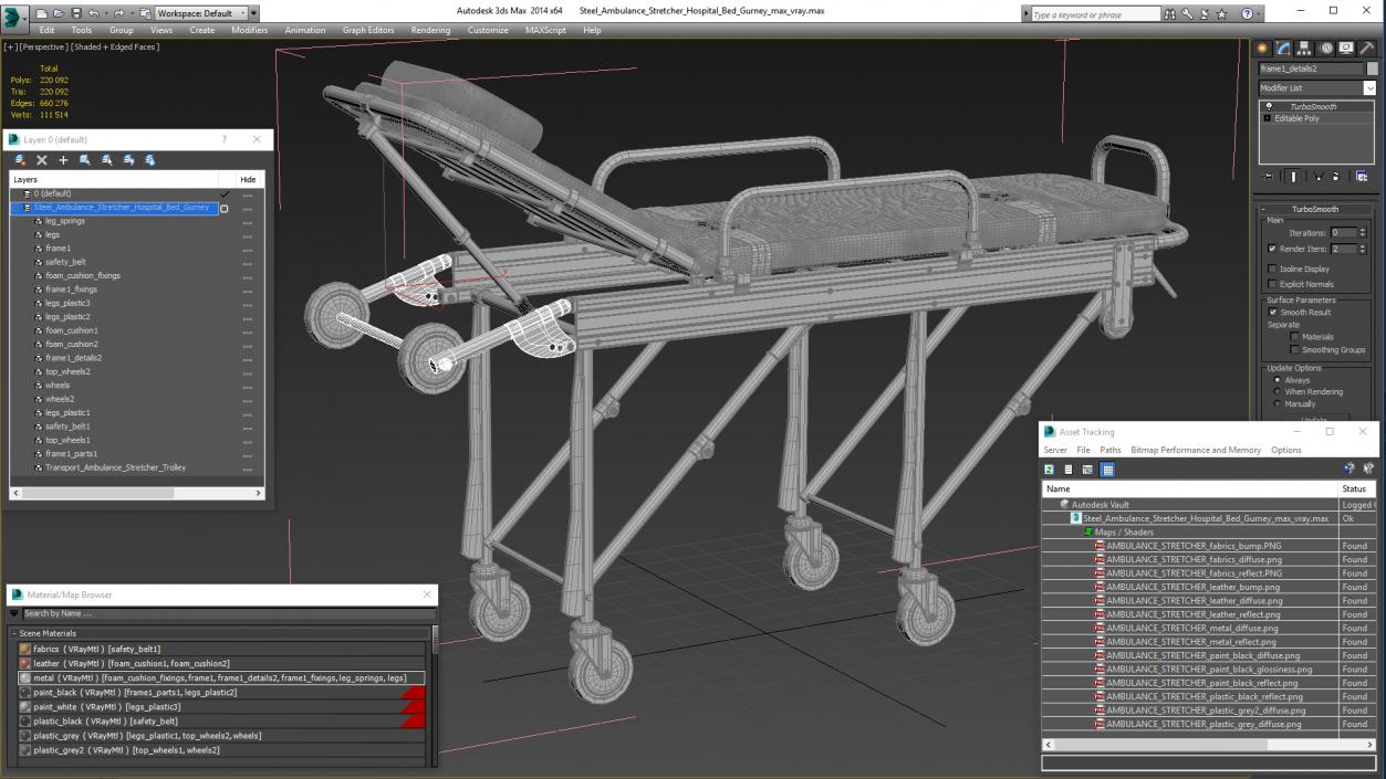 3D model Steel Ambulance Stretcher Hospital Bed Gurney