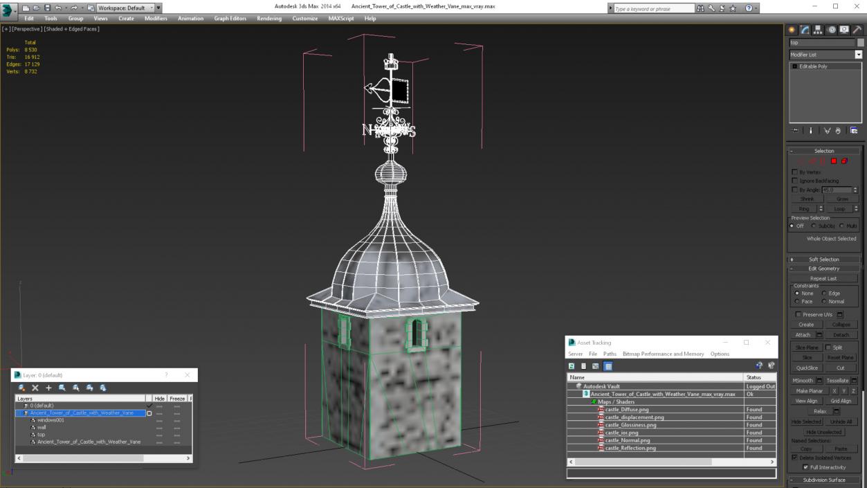 3D Ancient Tower of Castle with Weather Vane