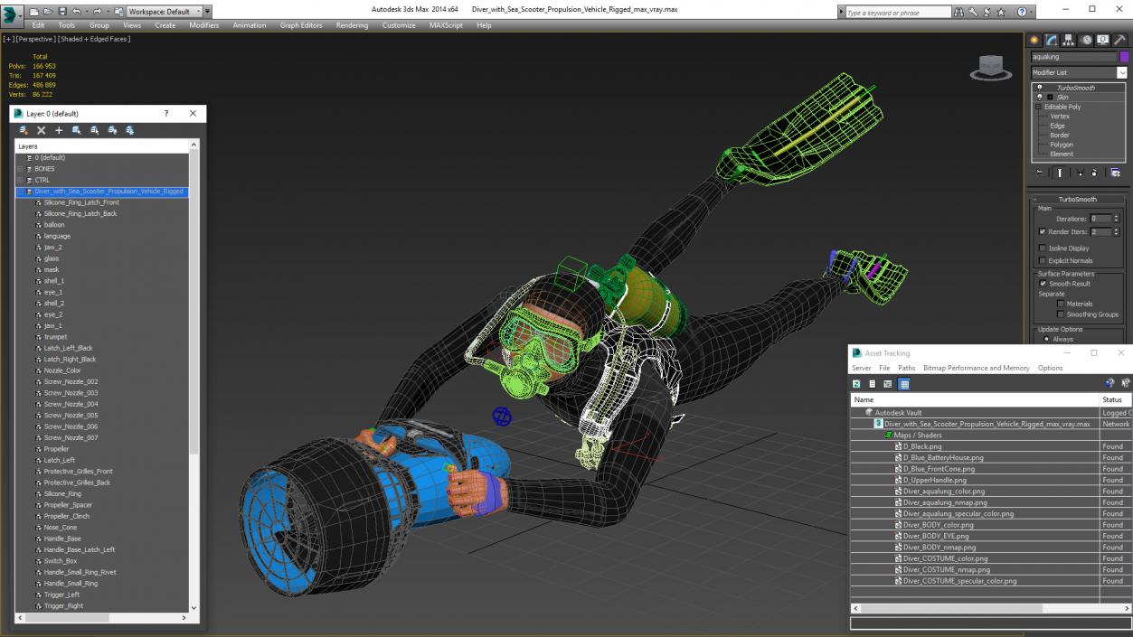 Diver with Sea Scooter Propulsion Vehicle Rigged for Modo 3D