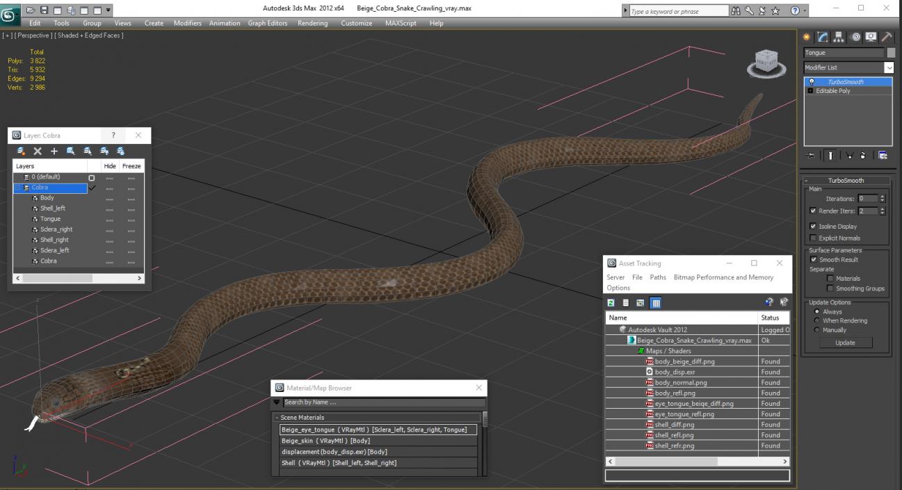 3D Beige Cobra Snake Crawling