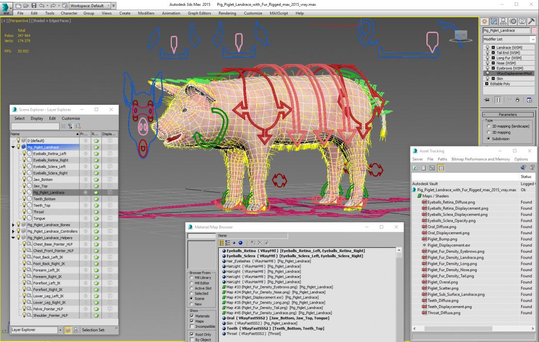 3D model Pig Piglet Landrace with Fur Rigged