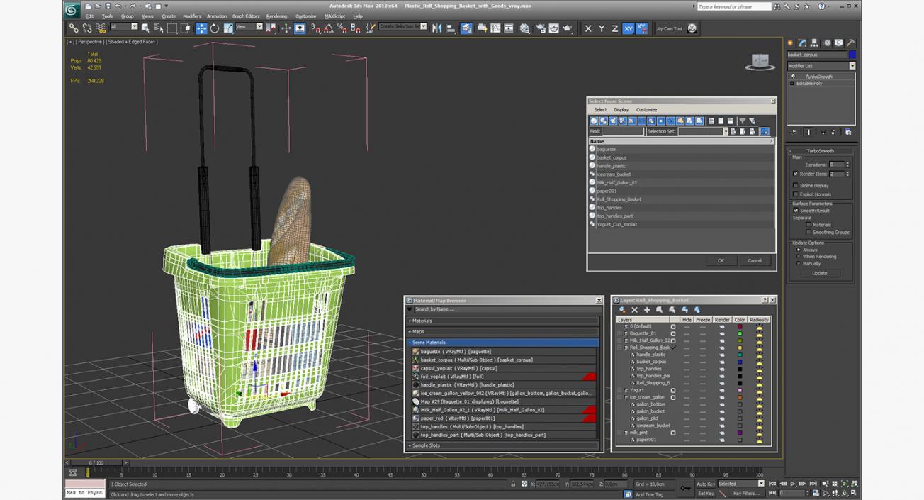 Plastic Roll Shopping Basket with Goods 3D model