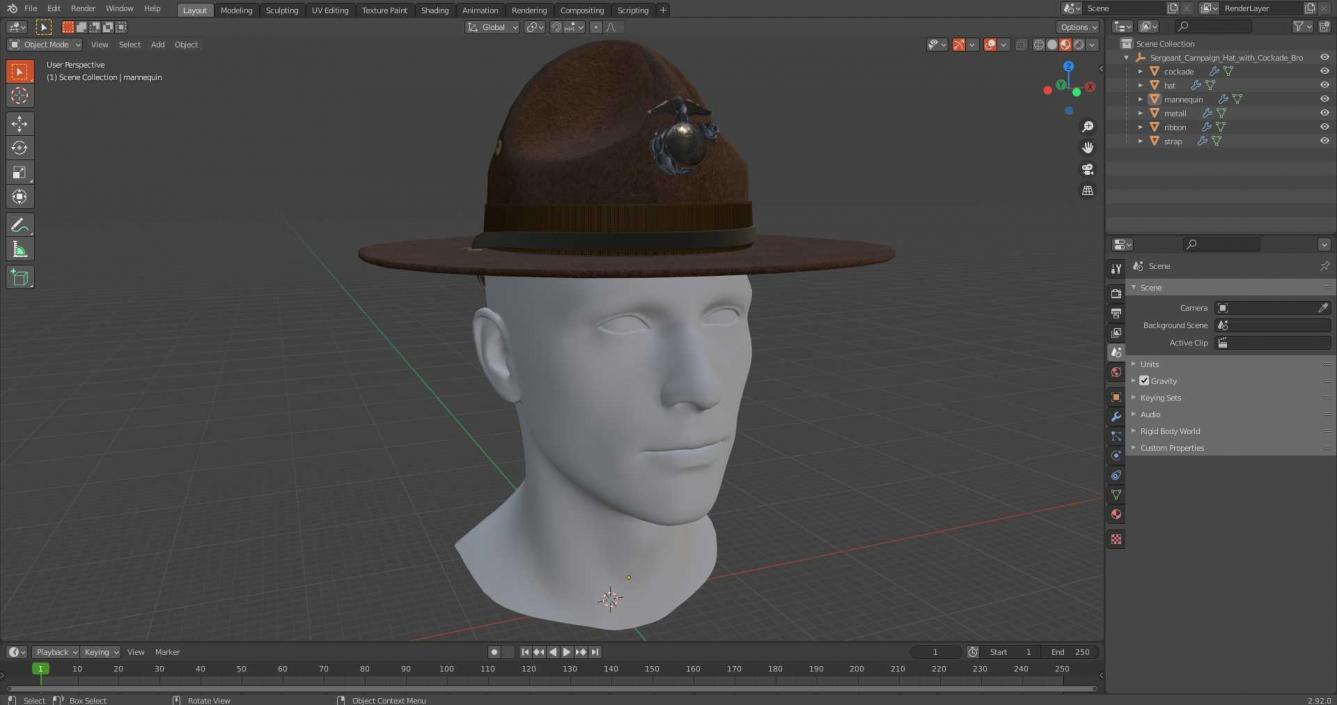 3D Sergeant Campaign Hat with Cockade Brown on Mannequin model