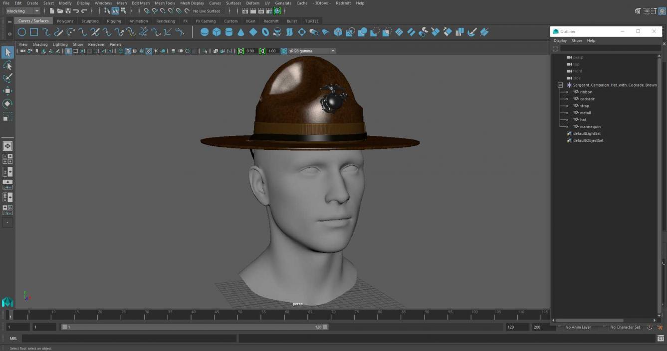 3D Sergeant Campaign Hat with Cockade Brown on Mannequin model