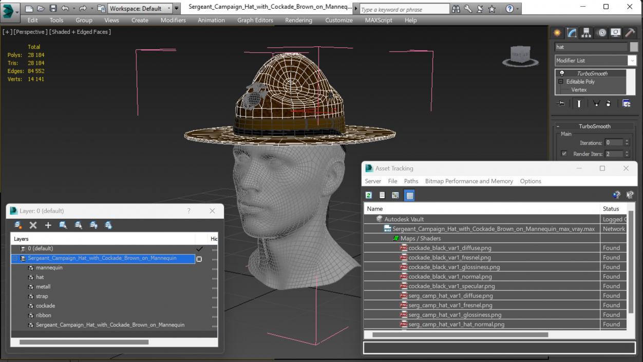 3D Sergeant Campaign Hat with Cockade Brown on Mannequin model