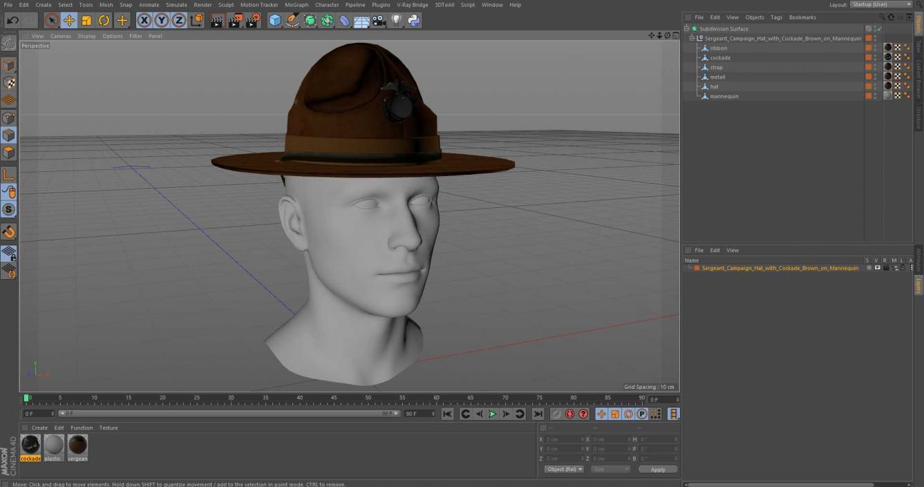 3D Sergeant Campaign Hat with Cockade Brown on Mannequin model