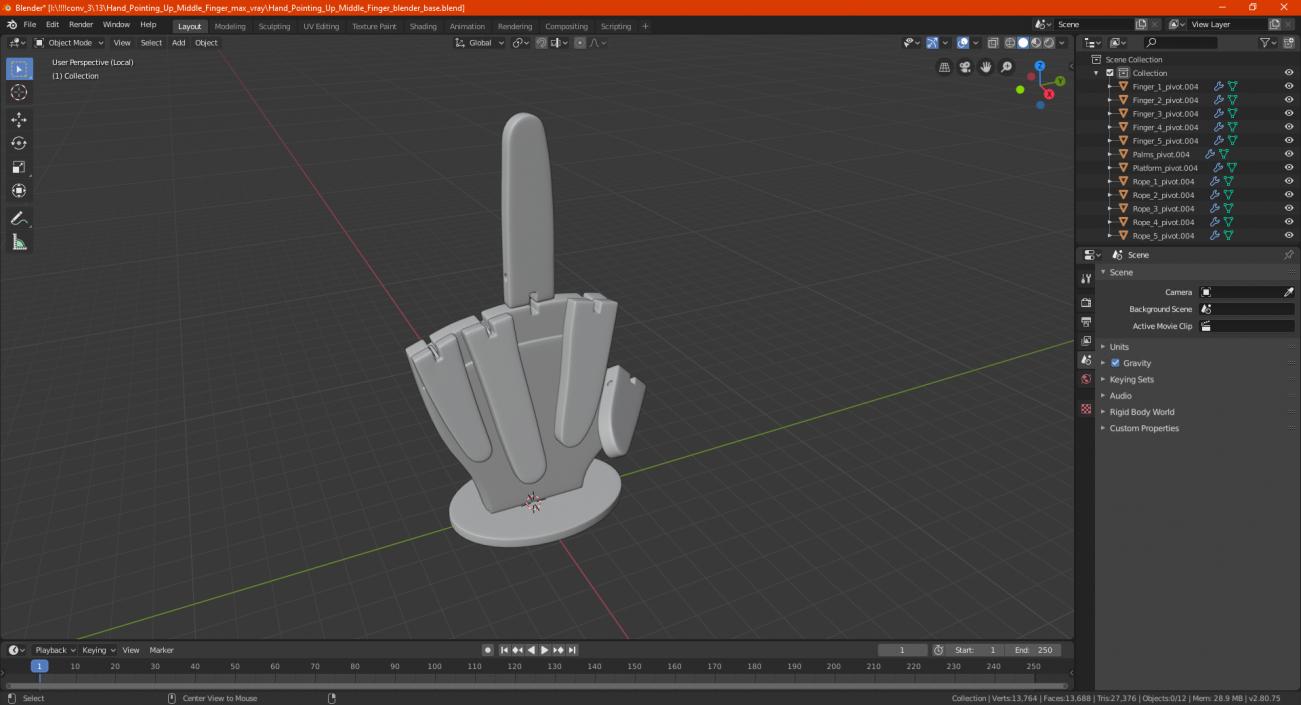 3D model Hand Pointing Up Middle Finger