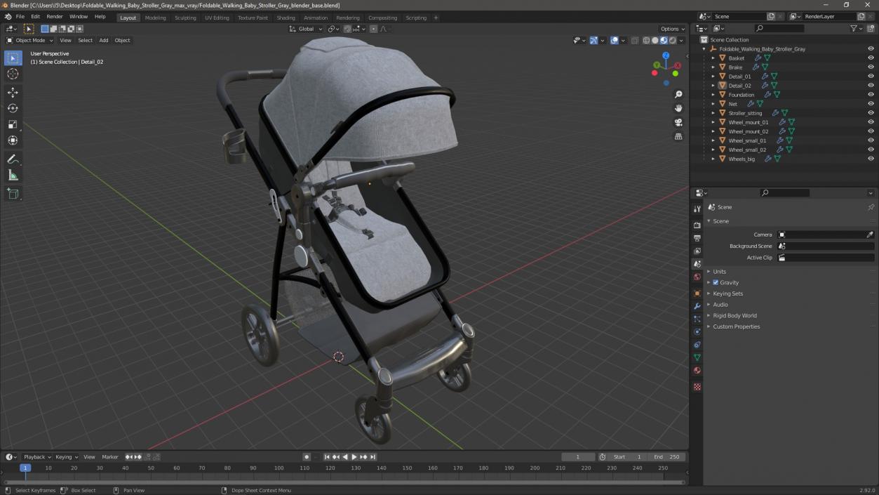 3D model Foldable Walking Baby Stroller Gray